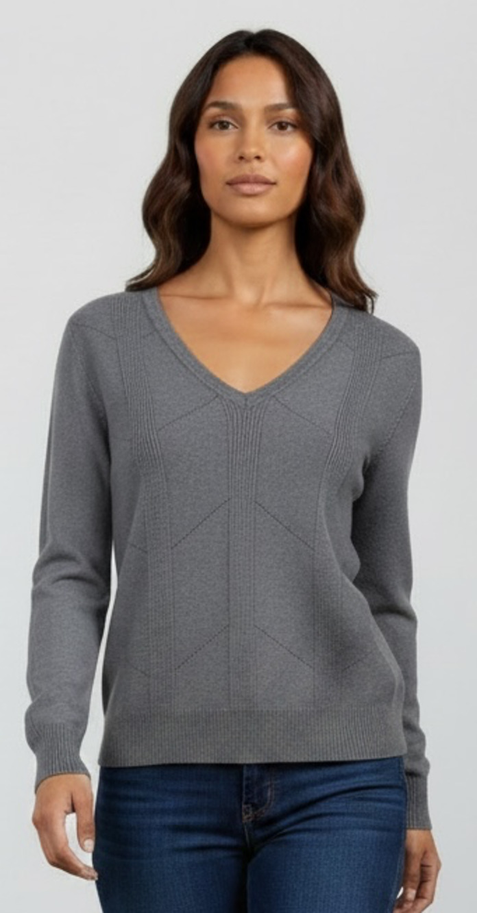 Debbie Morgan Women's V-Neck Long Sleeve Knit Pullover Sweater in Grey